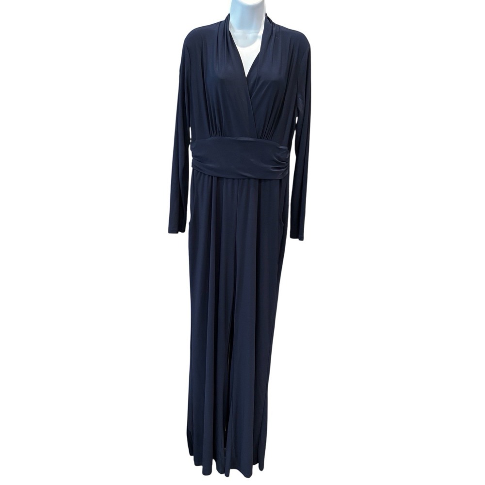 Venus Navy Faux Wrap Jumpsuit Size L‎ Long Sleeve Wide Leg Fall Occasion Look